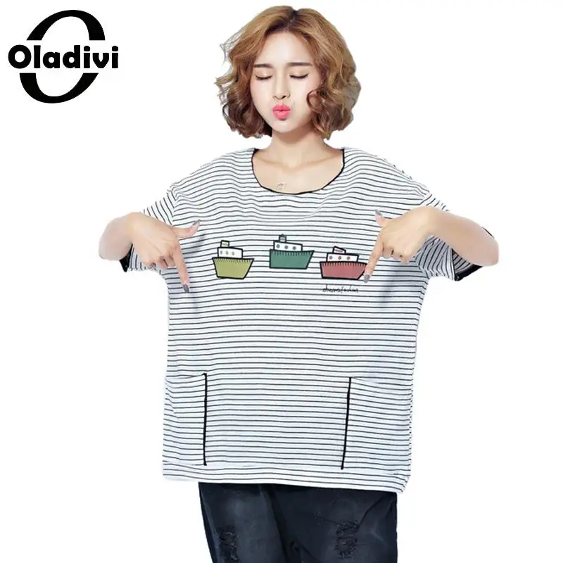 

Oladivi Plus Size Tshirt Cotton Women Striped Shirt Short Sleeve Tops Tees Casual Female Tunic 2019 Summer Short Sleeve T-Shirt