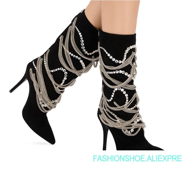 

Hot Autumn Winter Shoes Woman Chain Mid-Calf Boots Pointed Toe Party Boots Design High Heels Runway Stage Boots Plus Size B