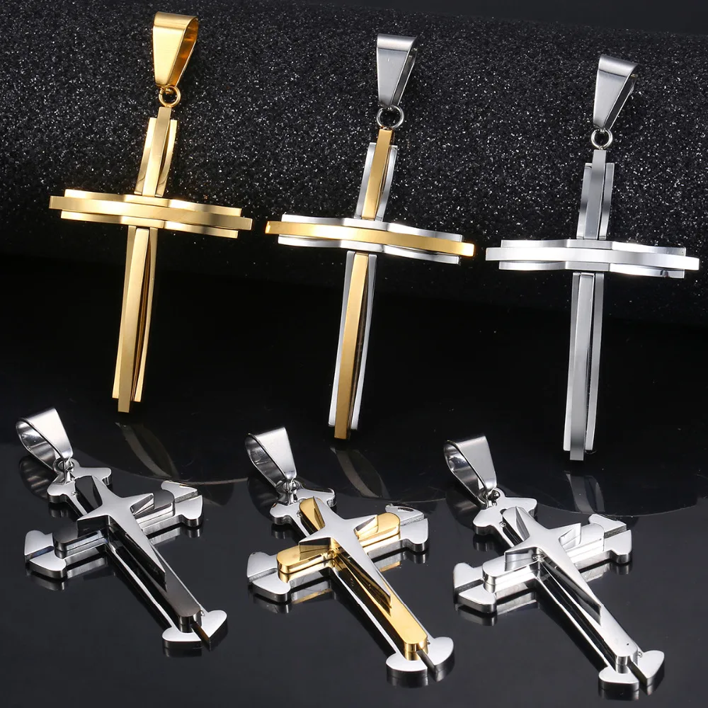 

Davieslee 15 Styles Stainless Steel Cross Pendant for Men Gold Silver Tone Multi Layers Clear CZ Trendy Jewelry DLKPP1
