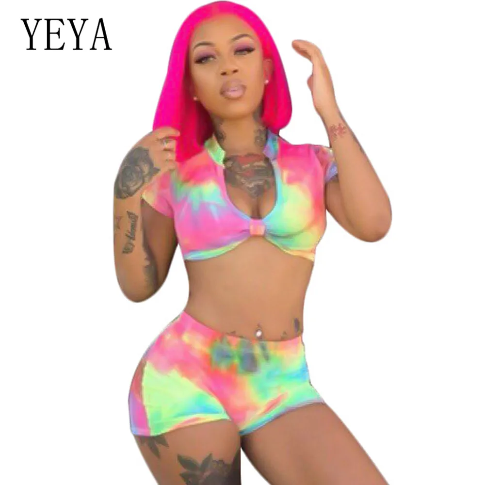 

YEYA Sexy Openwork Tie-dye Print Shorts Two Pieces Sets Jumpsuits Fashion Summer Bodycon Party Night Rompers Playsuits Macacao