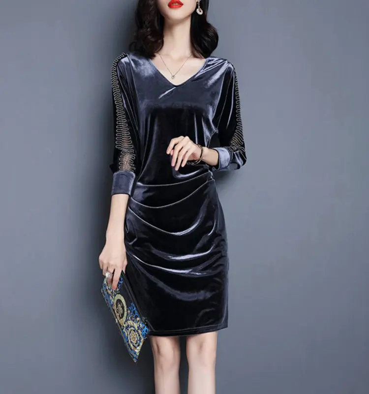 New Winter Autumn Dress Women 2019 Velour Dresses Female Casual Mesh Patchwork Robe Femme Plus Size Vestidos Mujer Dress Veludo (3)