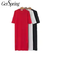 GETSRING платья, летнее хлопковое платье с коротким рукавом, эластичное вязаное прямое платье-майка большого размера, однотонные красные длинные платья с разрезом