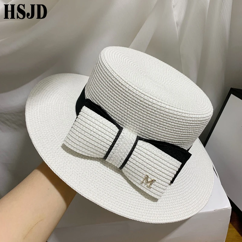 French Straw Flat Top Bow Female Sun Hats M Panama Elegant Wide Brim Anti-UV Beach Hat Women's Summer Sun Cap Gorras