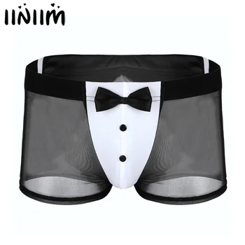 

Mens Lingerie Panties Waiter Sexy Tuxedo with Back Rabbit Ears Lingerie See Through Sexy Boxer Shorts Bulge Pouch Underwear