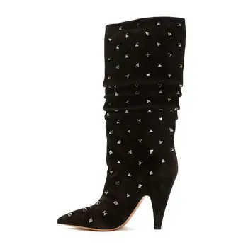 

New Designer Black Wide Calf Boots Pointed Toe Pointy Rivets Studded Women Boots Knee High Cone Heels Slip-on Ladies Winter Boot