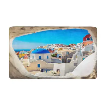 

Santorini Blue Dome Church Look Through The Chimney, Greece Doormat Anti-Slip Entrance Mat Floor Rug Indoor