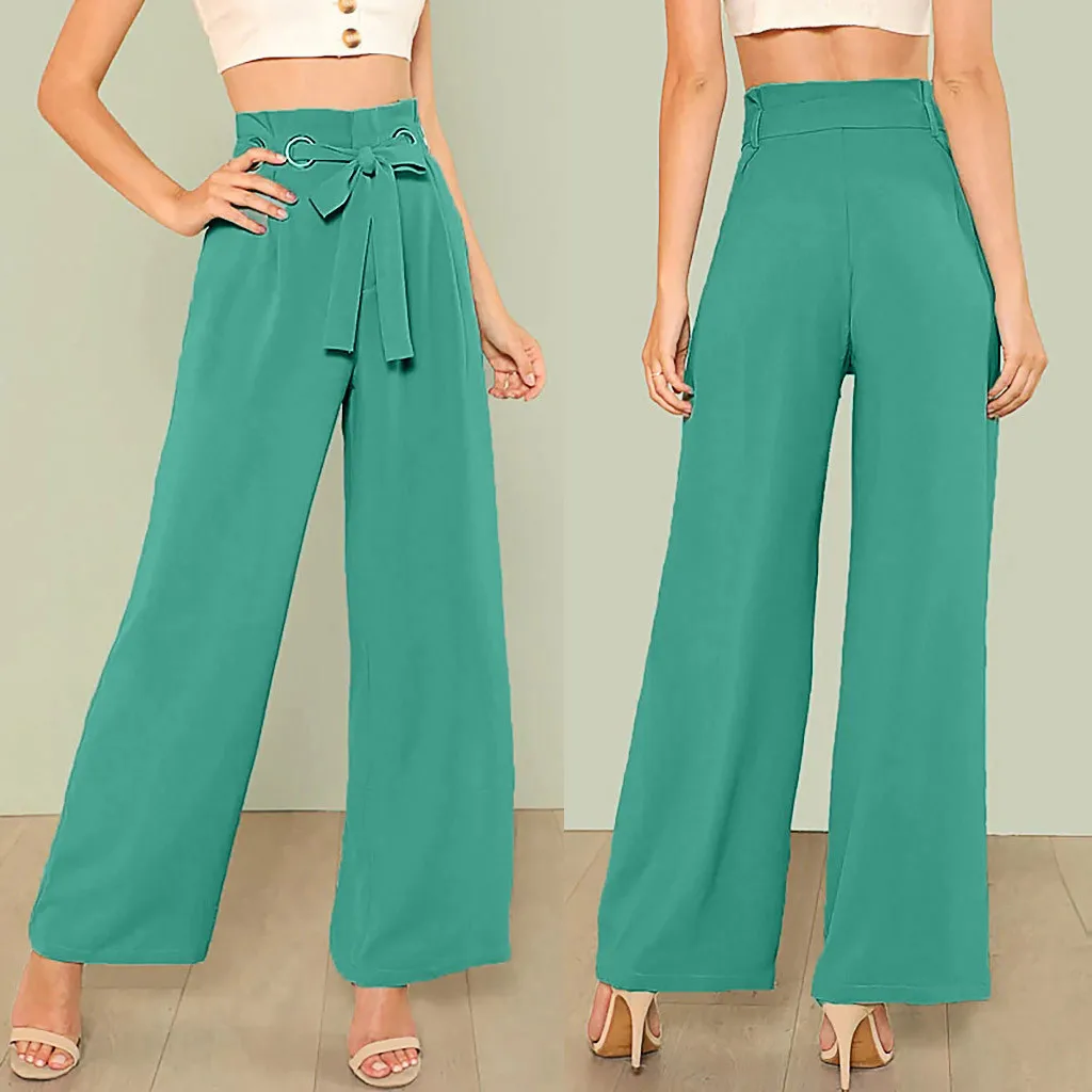

Women High Waist Pure Color Bandage Wide Leg Trousers Pockets Casual Pants cargo pants women streetwear july 11