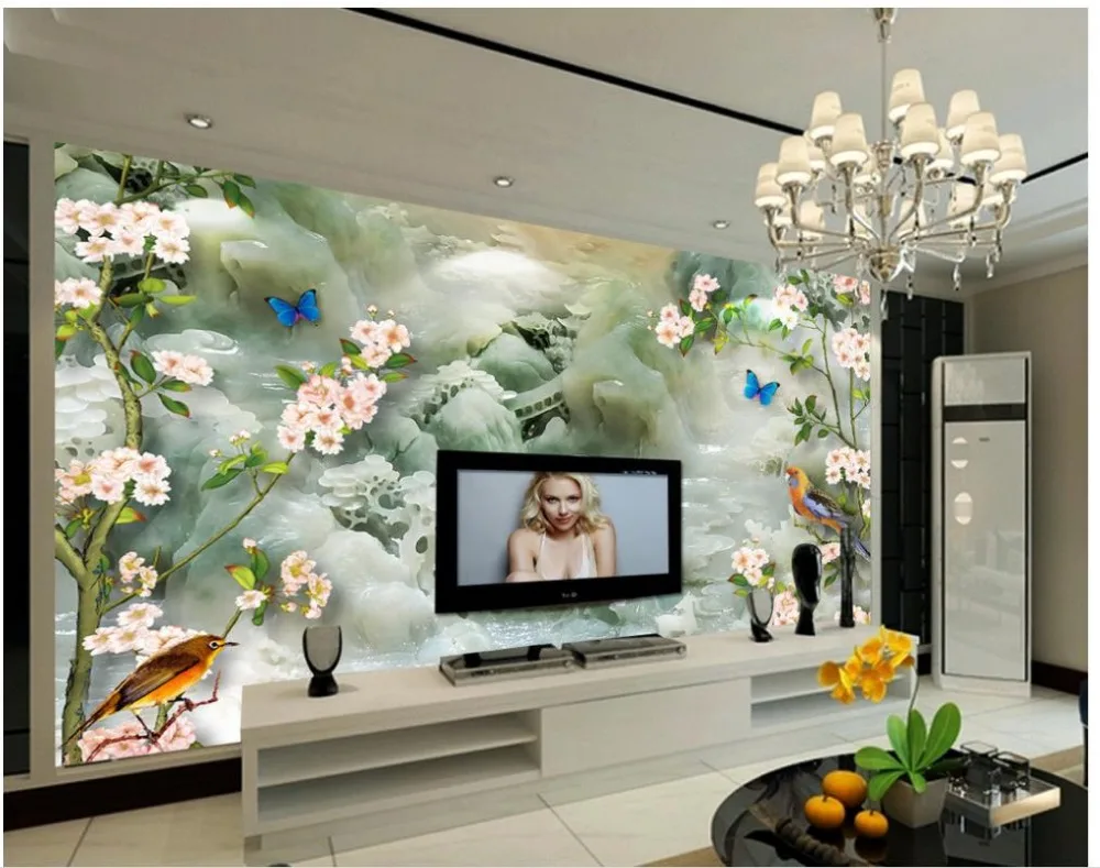 Home Decoration 3d customized wallpaper Jade carving birds landscape