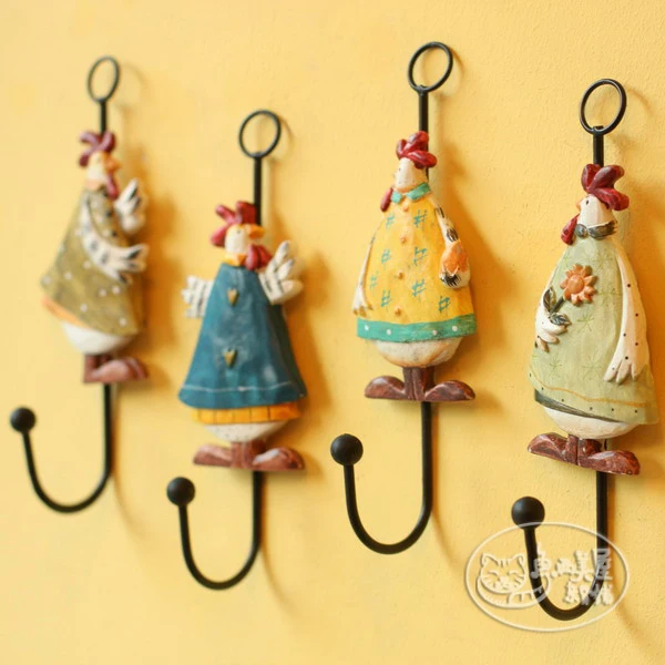 

Free Shipping! 4pcs/lot Lovely American Rural Style Cock Design Resin Coat Hook Rooster Iron Hook Wall Decorative Hanger