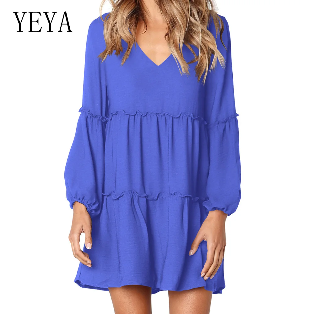 

YEYA New Arrival Lantern Sleeves Loose V-neck Dress Mini Summer Pleated Irregular Female Casual Dresses Summer Solid Sundress