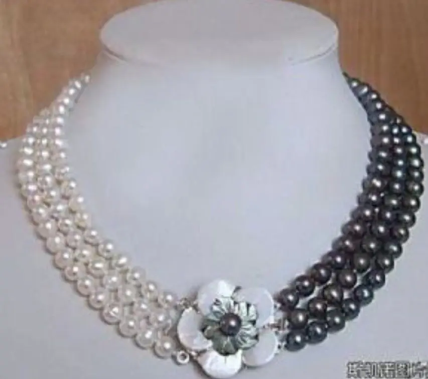 

Free shipping >>>>>3rows 7-8mm white&black Freshwater Akoya Pearl Necklace 17-19