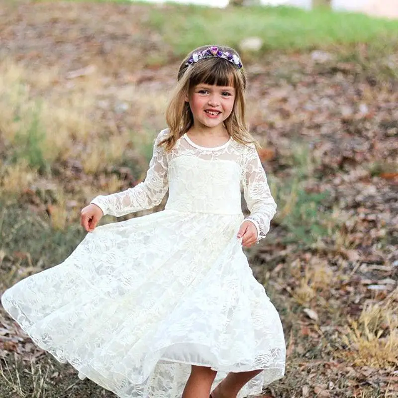 Kids Baby Girls Autumn Floral Sweet Fairy White Formal Long Sleeves Party Lace Wedding Princess Gown Pageant Flower Girls Dress