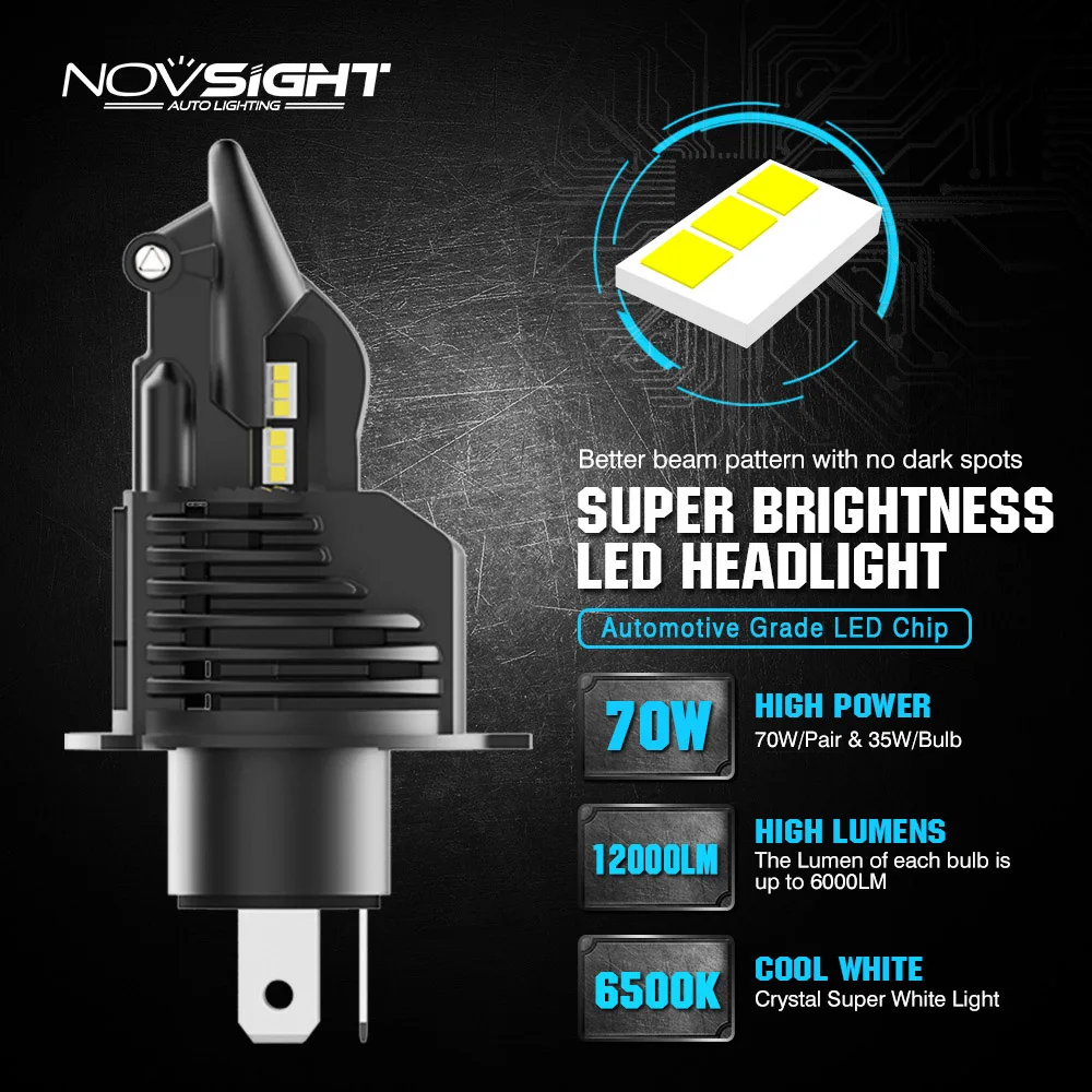 NOVSIGHT 2 шт. мини luces led h4 с двумя объективами Автомобильный СВЕТОДИОДНЫЕ лампы для передних фар 50 Вт 10000LM 6500K белый новые автомобильные фары 12v 24v