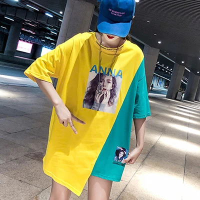 Yellow Green Карамельный цвет нерегулярные свободные футболки для женщин мода сращены цвет с круглым вырезом Футболка Мода уличный с короткими рукавами Европа тройники - Цвет: Yellow Green