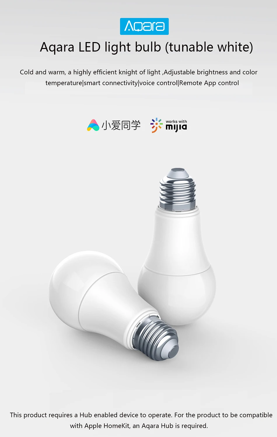 Умный белый светодиодный светильник XIAOMI Aqara 9W E27 2700 K-6500 K 806lum, работающий с домашними комплектами и приложением MI Home