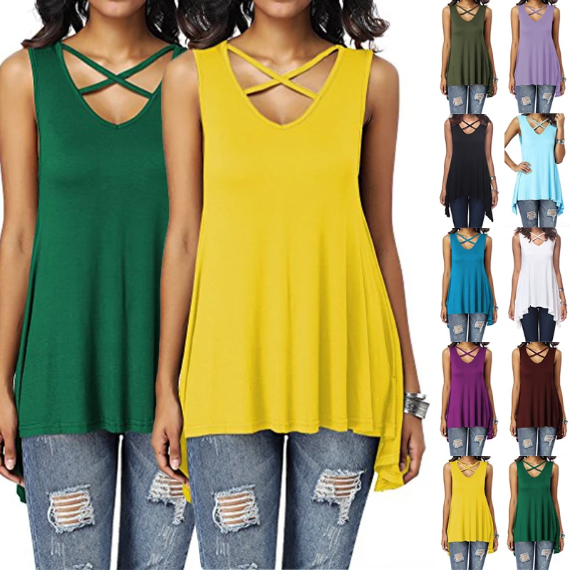Summer Women Sleeveless Cross Vest V Neck Casual Holiday Blouse Tops T-shirt New