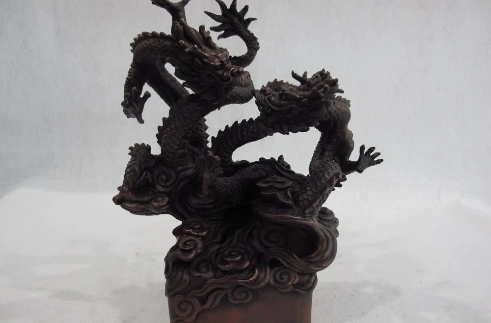 

8 China Palace Fengshui Copper Bronze Two Dragon Play Ball Emperor Seal Statue