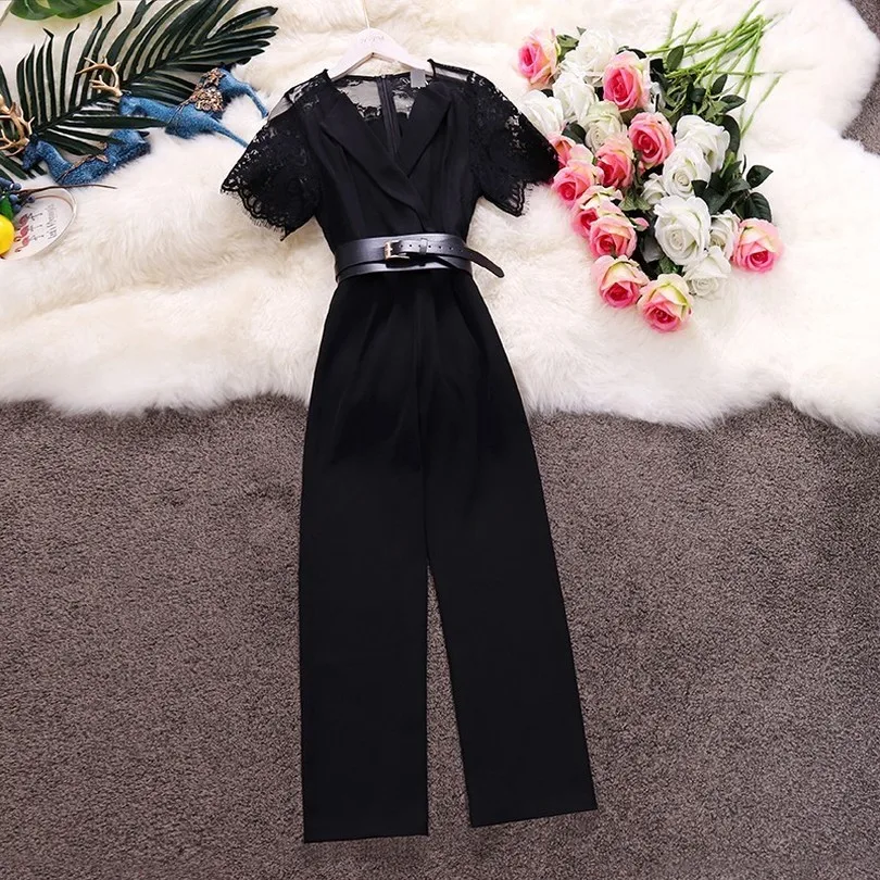 

TAOVK Summer Female Solid Color Sexy Lace V-neck Short-sleeved Jumpsuit