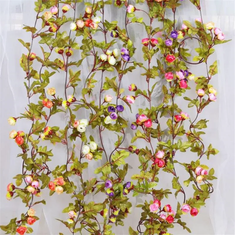 

Korean Fake Mini Rose Vine 220cm/86.61" Simulation Autumn Roses with Green Leaf for Wedding Home Artificial Flower Rattan