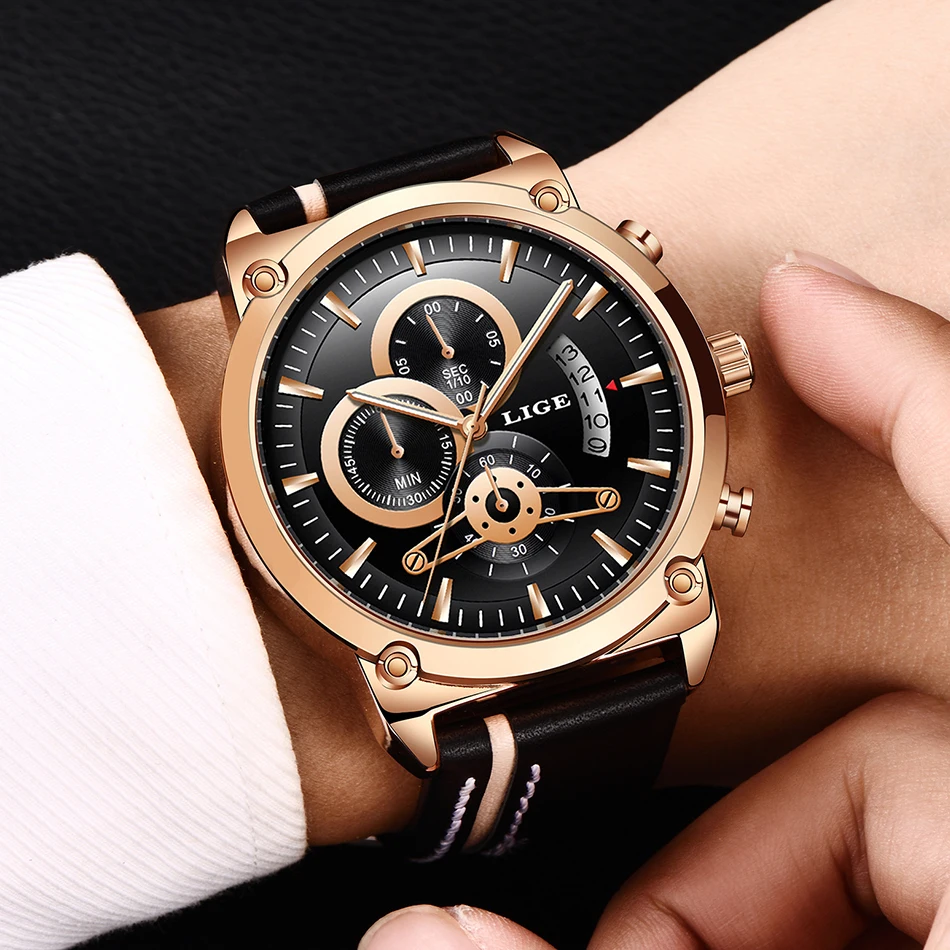 Reloj Hombre LIGE новые мужские часы хронографы аналоговые кварцевые часы мужские Дата креативный циферблат синий кожаный ремешок