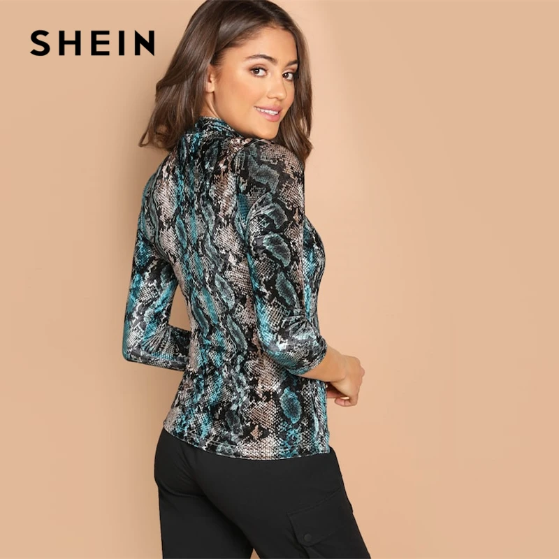 SHEIN, многоцветный топ из змеиной кожи с воротником-стойкой, элегантный пуловер с воротником-стойкой, осень, повседневная женская футболка, топ