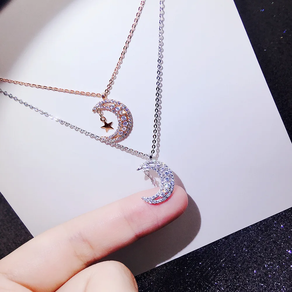 

Rhinestone Moon Pendant Necklace Charm Fashion Wild Personality Clavicle Chain Wedding Jewelry for women birthday present