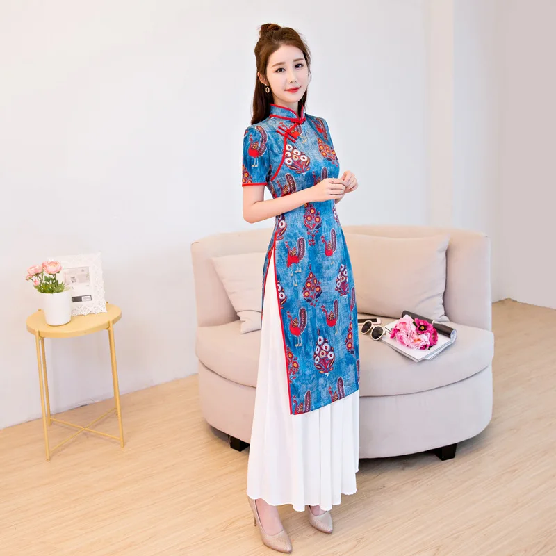 2018 Cheongsam Top Vietnam Aodai Chinese Qipao  Long Traditional Chinese Dresses Robe Orientale Collars Retro Dressing Gown