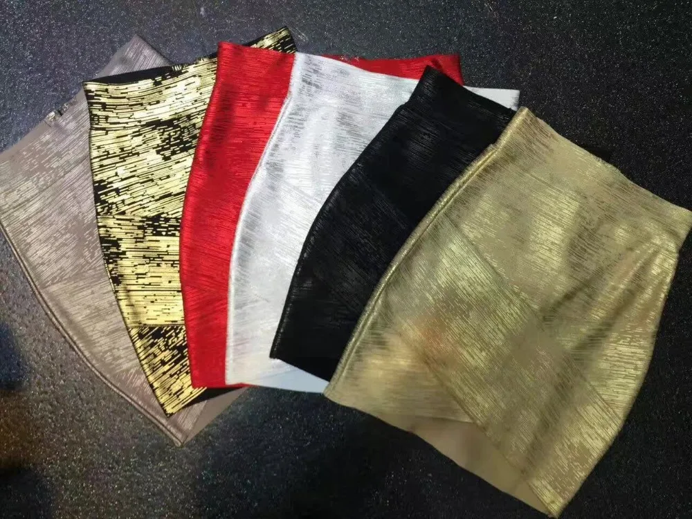 

Sexy high quality celebrity gold metallic v cut bandage skirts red black sliver brown pencil party skirts wholesale