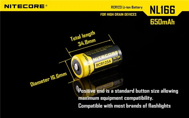 2 шт NITECORE RCR123A NL166 литий-ионная аккумуляторная батарея 650mAh 3,7 V 2.4Wh