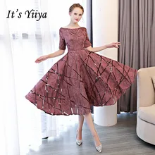 It's YiiYa Luxury O-Neck Half Sleeve Embroidery Zipper Cocktail Dresses A-line Tea Length Formal Dress LX465 v neck half sleeve tea length dress