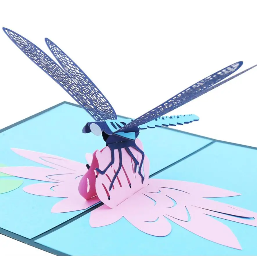  10pcs Handmade Kirigami Origami Dragonfly Lotus 3D Pop UP Greeting Cards Invitation card For Weddin - 33034718782