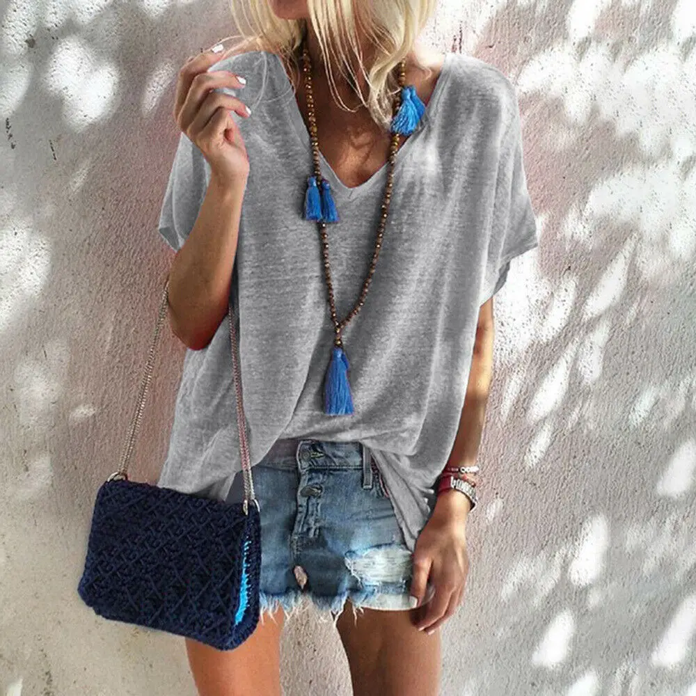 

Women Simple Loose T-Shirt summer sexy V neck Short Sleeve Basic Tee Tops 2019 Elegant Casual solid Blusa 2XL