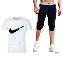 Новый Для мужчин наборы футболки + Шорты комплекты из двух предметов Повседневное спортивный костюм мужской 2019 логотип печати