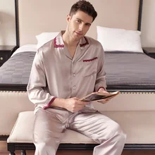 Осенние мужские шелковые пижамы с длинными рукавами, длинные штаны, комплекты из 2 предметов, шелк тутового шелкопряда, одежда для сна, мужская повседневная домашняя одежда