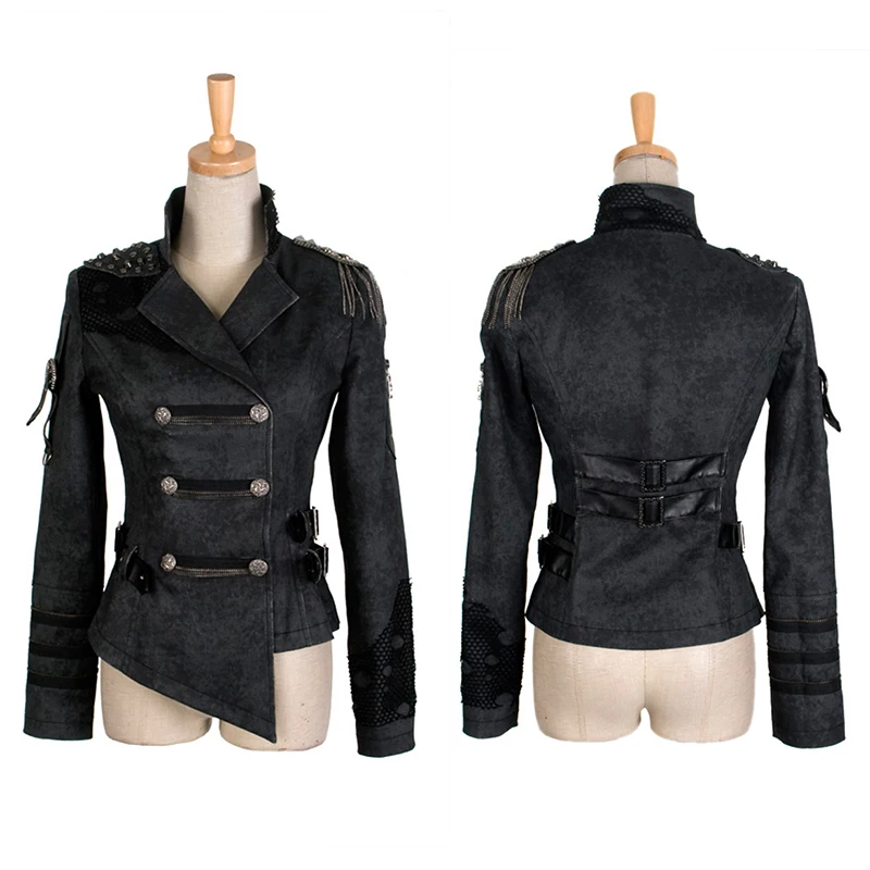 

Popular Gothic Handsome Military Punk Coat Women Steampunk Cool Asymmetric Length Army Jacket Autumn Winter Epaulet