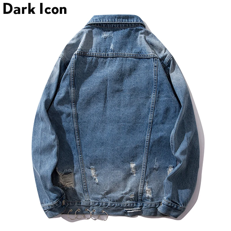 Dark Icon Ripped Siderophere Jeans Jacket Men Turn-down Collar Denim Men's Jackets Hip Hop Jackets