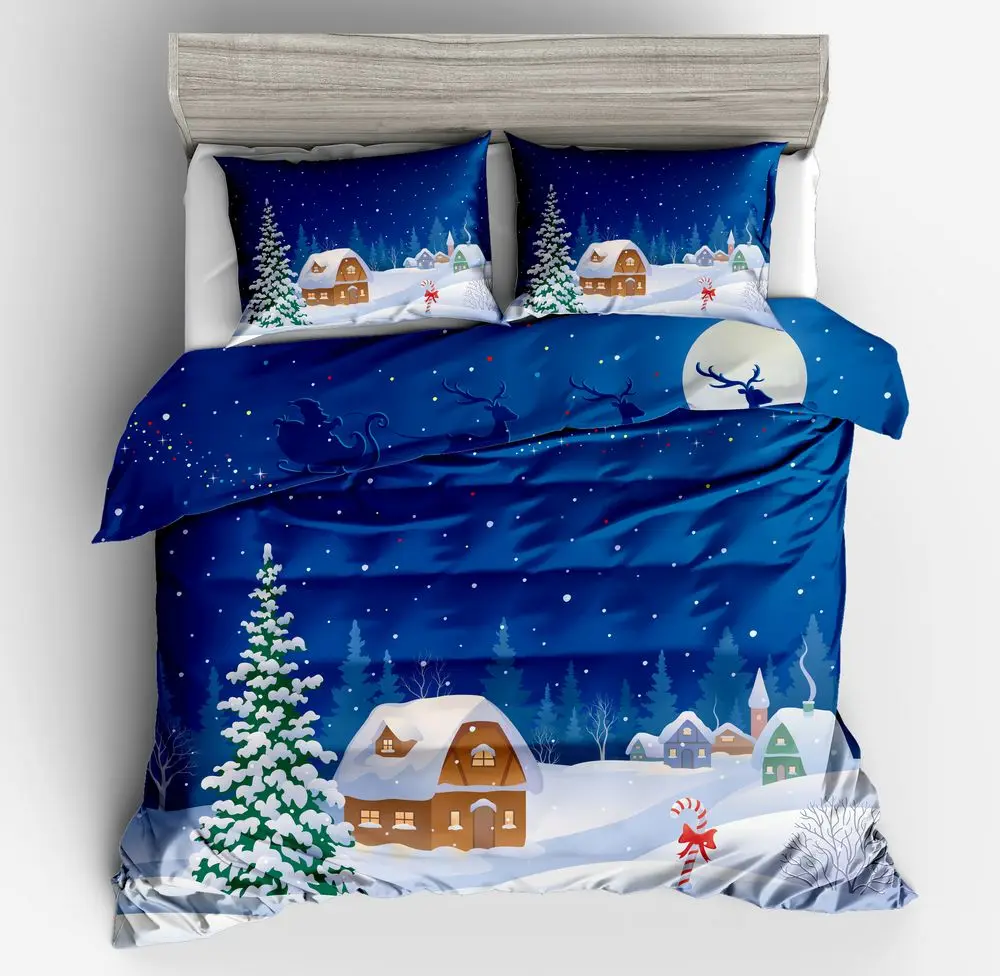 Merry Christmas Bedding Set 3D blue Pattern Claus Santa Deer Duvet