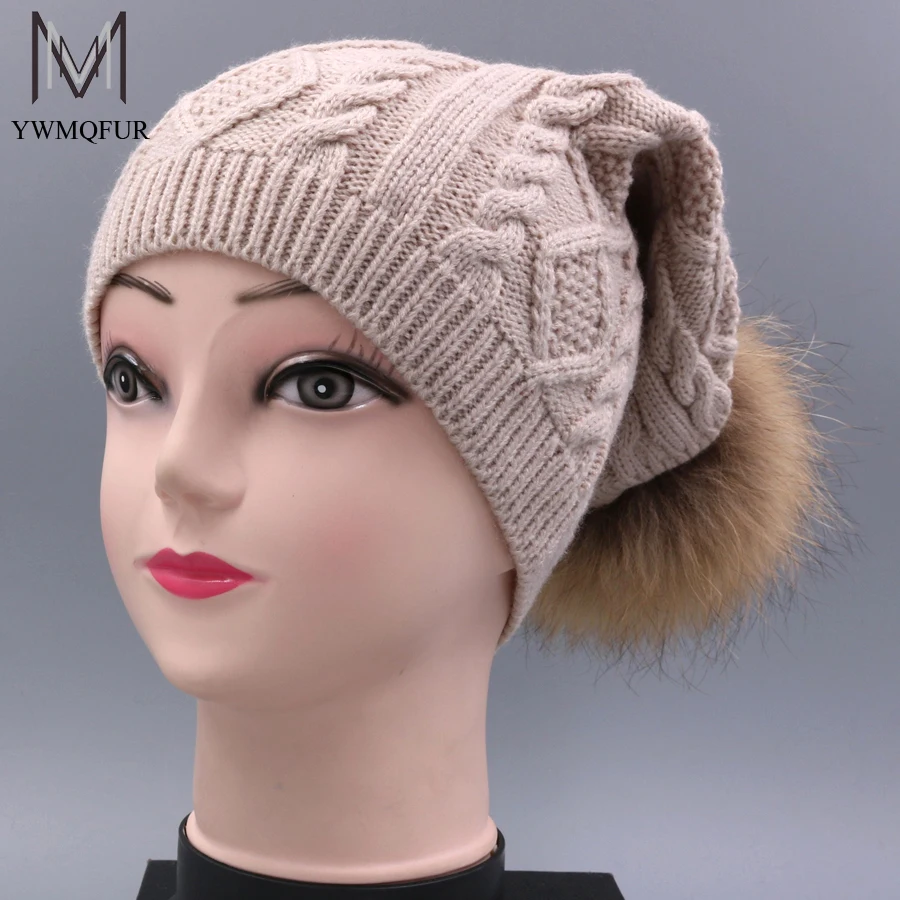 

YWMQFUR Winter hat for women knitted wool beanies cap natural raccoon fur pompom hat female casual skullies H74
