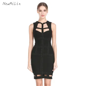 

2019 High Quality Bandage Sleeveless Mini Dress Sexy Women Night Club Evening Party Bodycon O-Neck Hole Dresses Wholesale