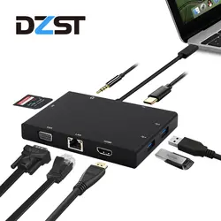 Dzlst 8 в 1 Тип usb C 3,1 концентратор к RJ45 HDMI VGA Ethernet USB 3,0 SD Card Reader 3,5 мм аудио PD зарядки адаптер для Macbook