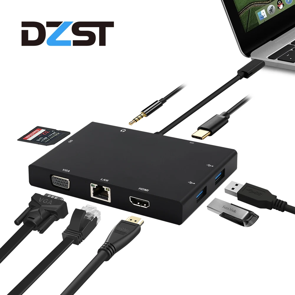 

DZLST 8-in-1 USB Type C 3.1 HUB to RJ45 HDMI VGA Ethernet USB 3.0 SD Card Reader 3.5mm Audio PD Charge Adapter For Macbook