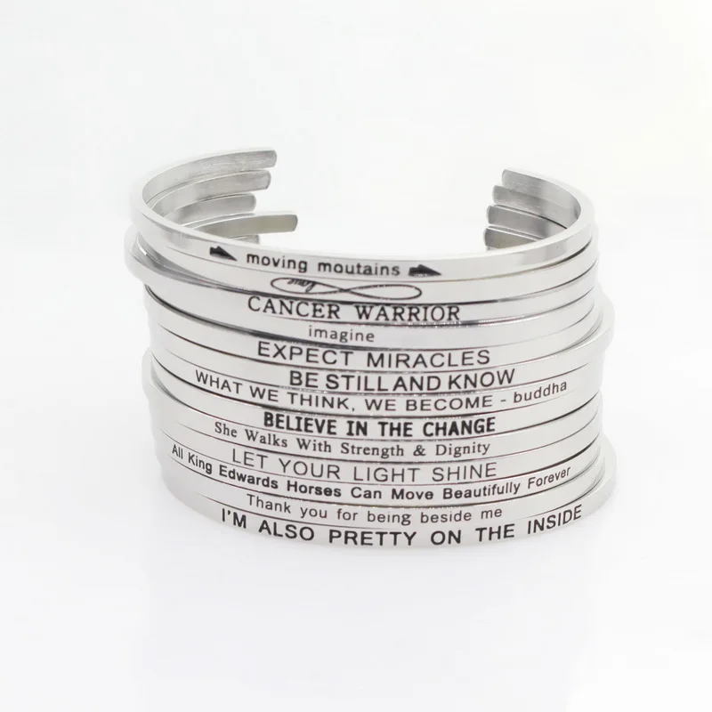 New Silver Stainless Steel Bangle Engraved Positive Inspirational Quote Hand Stamped Cuff Mantra Bracelets For Men Women