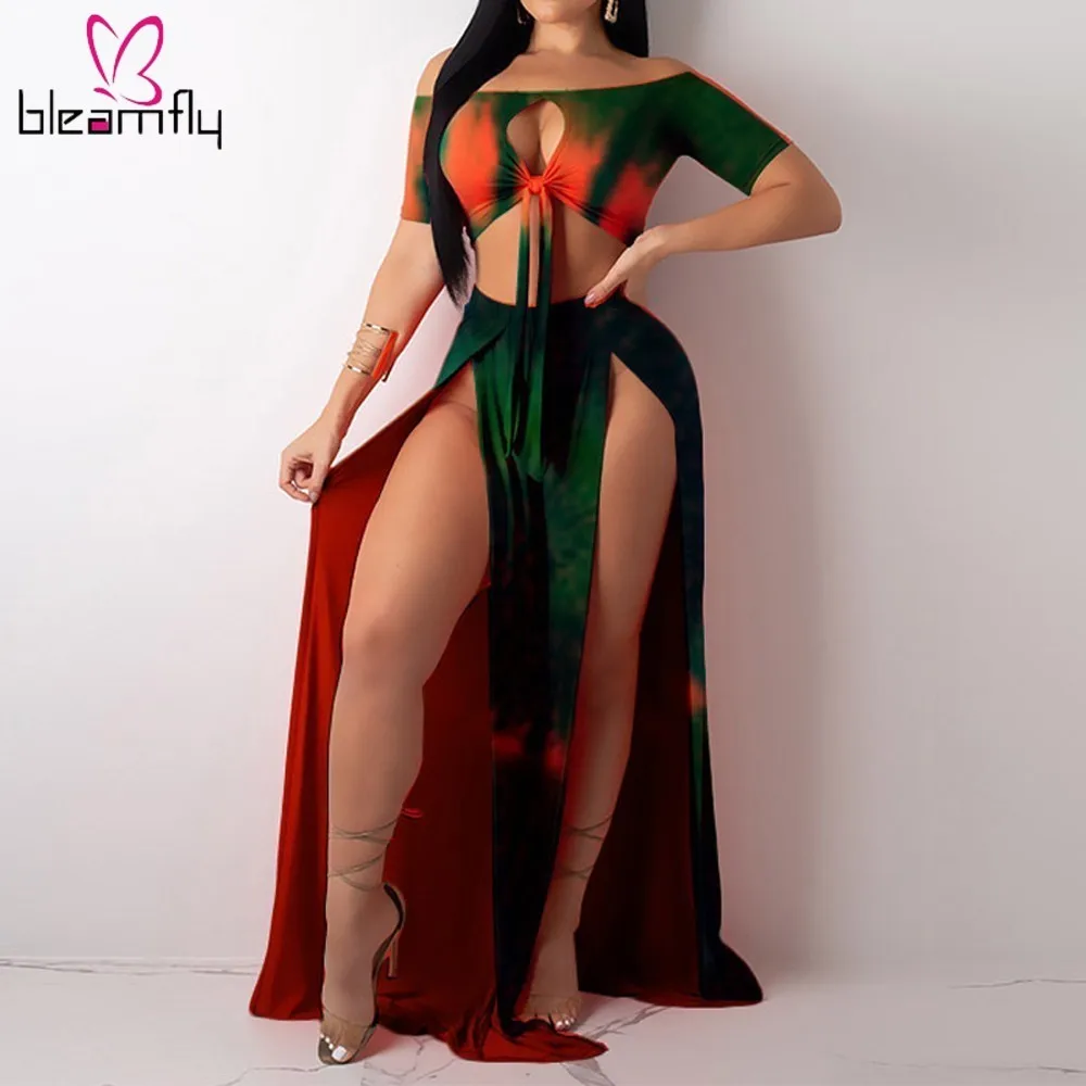 

Tie Dye Print Rainbow Sexy Two Pieces Set Women Festival clothing Crop top and High Slit Maxi Skirt Summer 2 piece club outfits