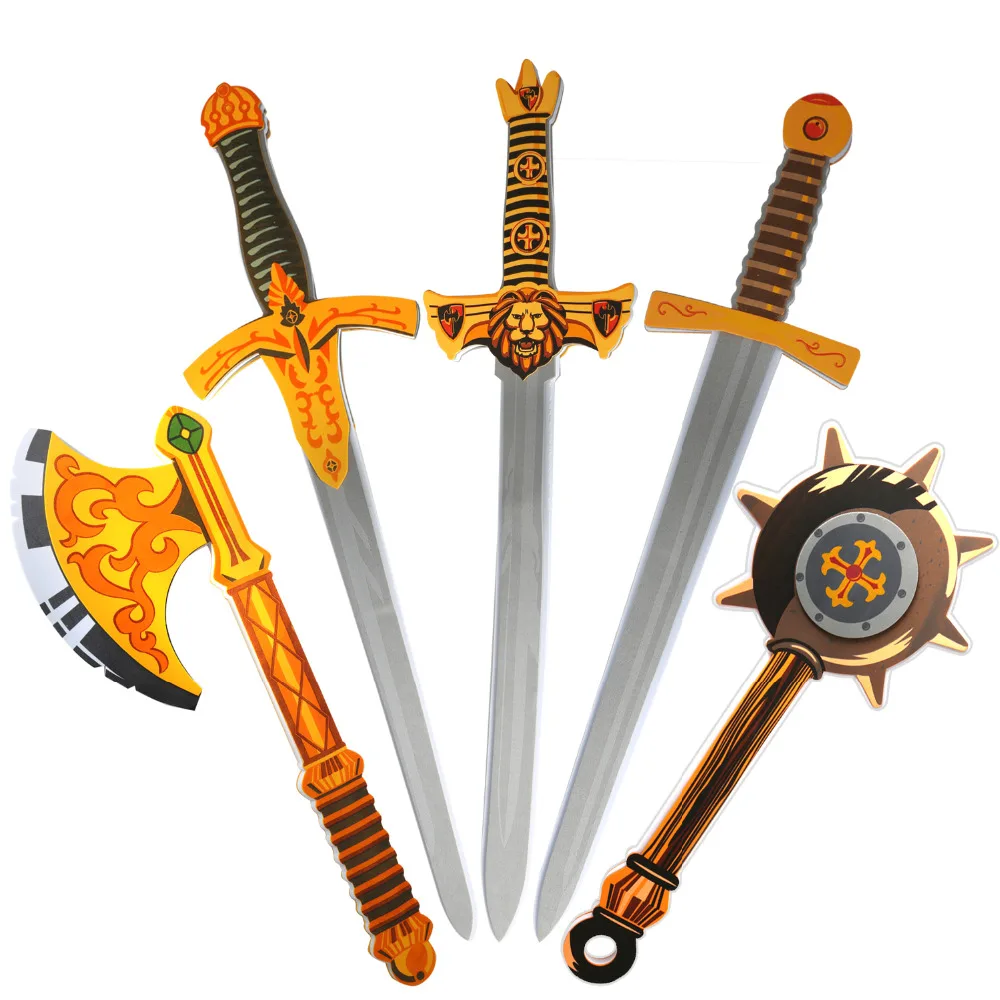 

5PCS 26" Assorted EVA Foam Toy Swords Set Warrior Weapons Mode Toy Pretend Playset for Kids Different Designs Including Golden