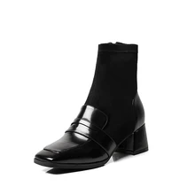 2019 Spring AutumnLadies Flat Ankle Boots Genuine Leather Women Boots Square Toe Stretch Boots Med Heel Buckle Shoes Black sil prova perfetto punk black leather ankle boots woman round toe rivet belt buckle square med heel shoes women fashion martin boots