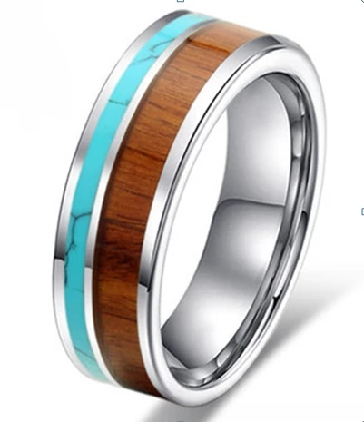 

CJZBLXLX00971 Koa Wood 8mm Width Tungsten Carbide Ring with Blue Stone Inlay