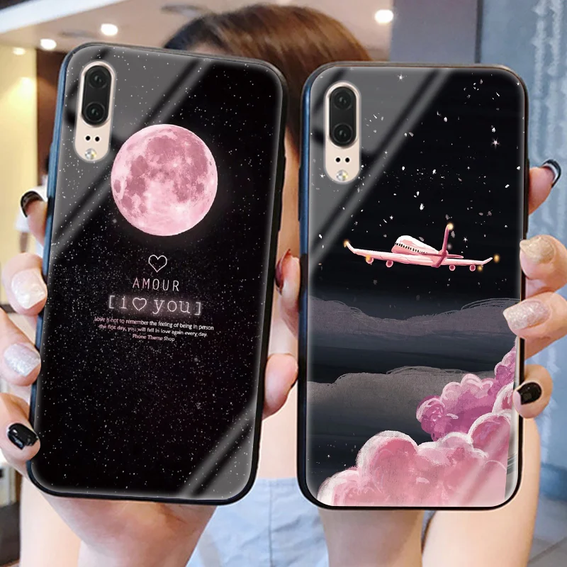 

Luxury Moon Tempered Glass Case For Huawei P Smart Y9 2019 Mate 20 P10 P20 Lite P30 Pro Honor Play 8X 7A 9 10 Lite Nova 5i Coque