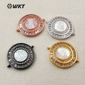 

MC256 hotsales jesus mother pendant micro pave setting white shell connector, high quality hand make carved shell connector