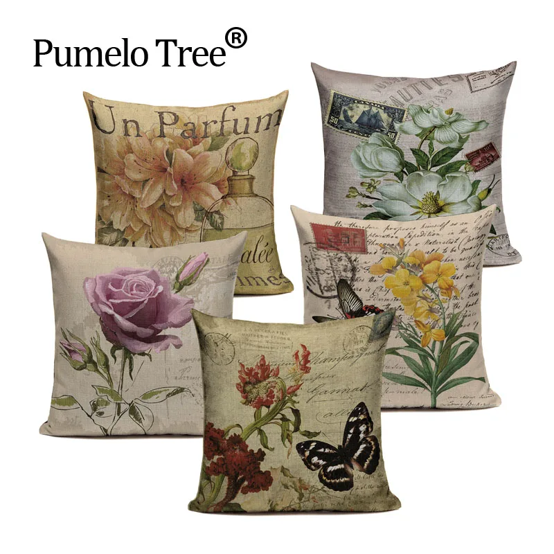 

Home Decorative Cushions Retro Sunflower Flower Lavender Linen Cushion Cover Pillow Case For Chair Custom High Quality Pillows