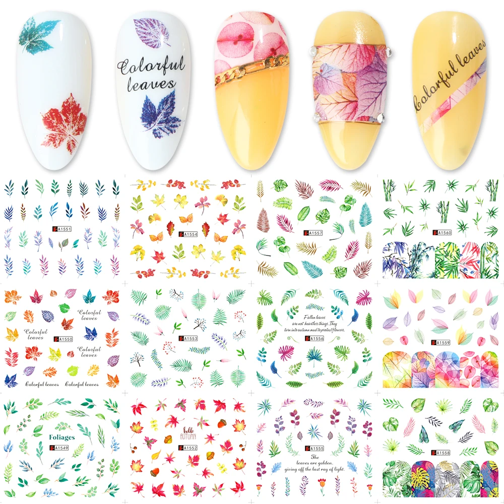 12 дизайнов, наклейки в виде листьев, летние Слайдеры для ногтей, смешанные цвета, Водные Наклейки, цветок, клен, обертывание, аксессуары для ногтей, тату, BEA1549-1560